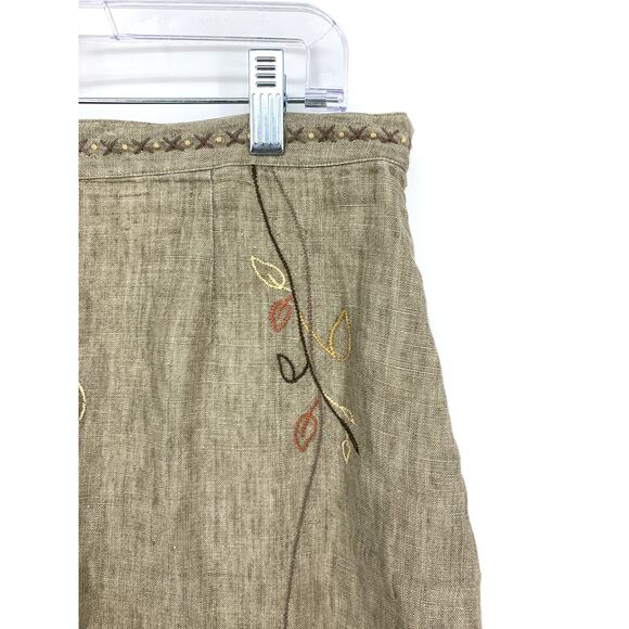 Vintage J. Jill A-Line Skirt Womens 14P Khaki Linen Embroidered Leaf Print - Picture 2 of 4
